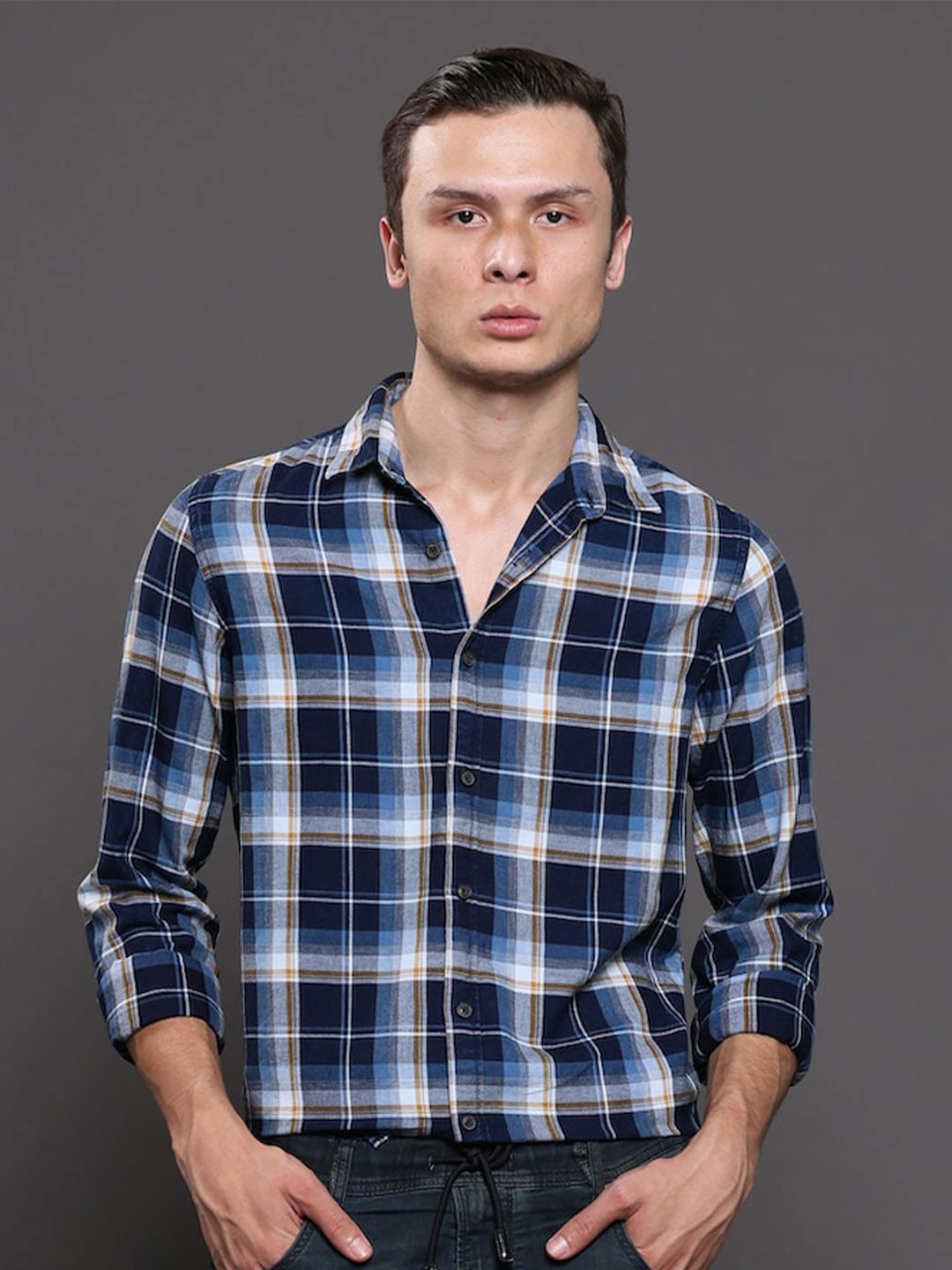 

POE Smart Tartan Checked Pure Cotton Shirt, Navy blue