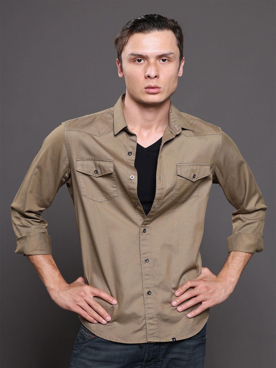 

POE Smart Slim Fit Spread Collar Pure Cotton Casual Shirt, Khaki