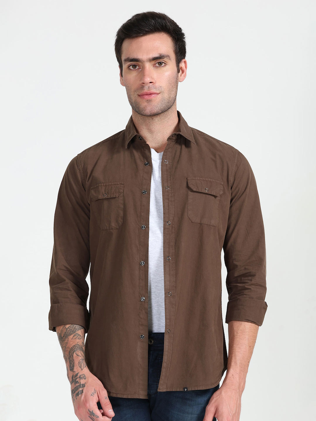 

POE Smart Slim Fit Opaque Pure Cotton Casual Shirt, Brown