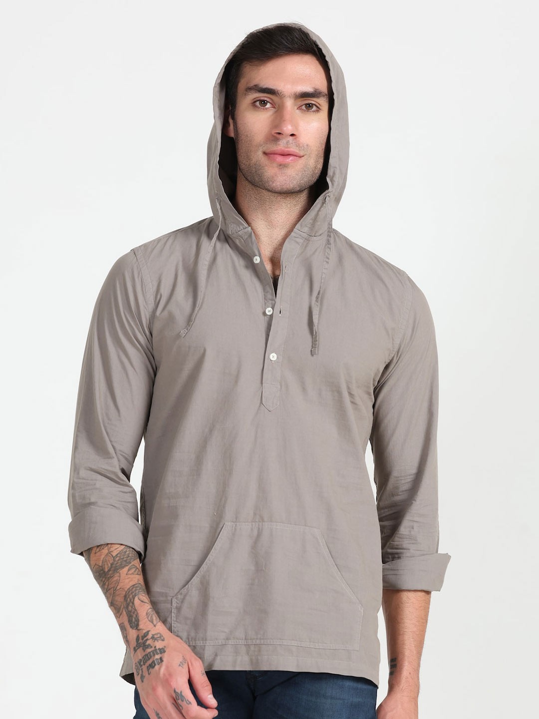 

POE Smart Slim Fit Opaque Hooded Pure Cotton Casual Shirt, Grey