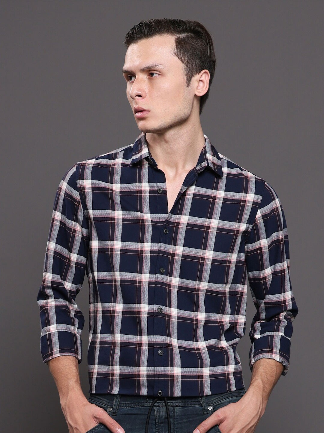 

POE Slim Fit Tartan Checked Opaque Pure Cotton Casual Shirt, Navy blue