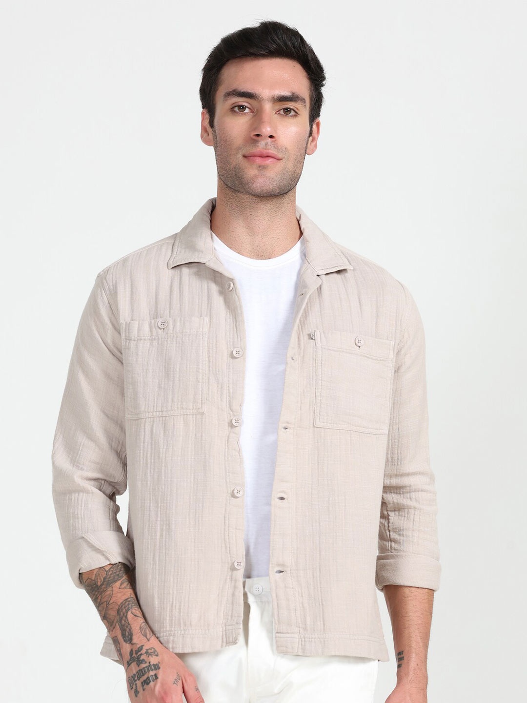 

POE Smart Slim Fit Opaque Pure Cotton Casual Shirt, Beige