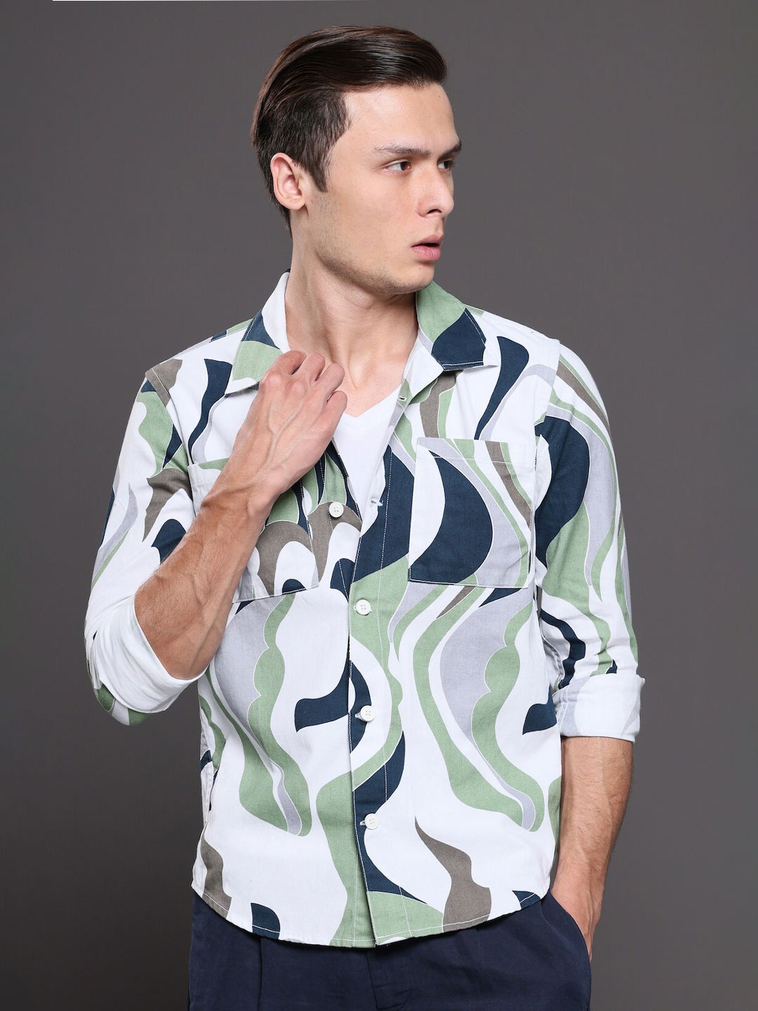 

POE Smart Slim Fit Abstract Printed Pure Cotton Casual Shirt, Green