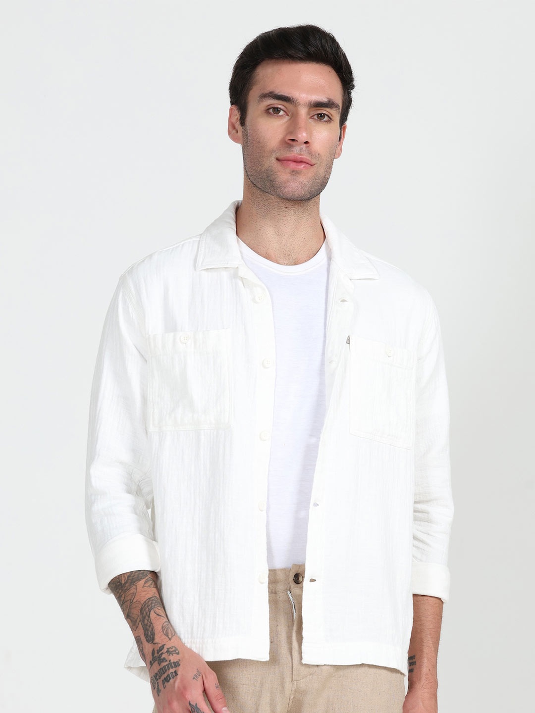 

POE Smart Slim Fit Spread Collar Long Sleeve Pocket Cotton Casual Shirt, White