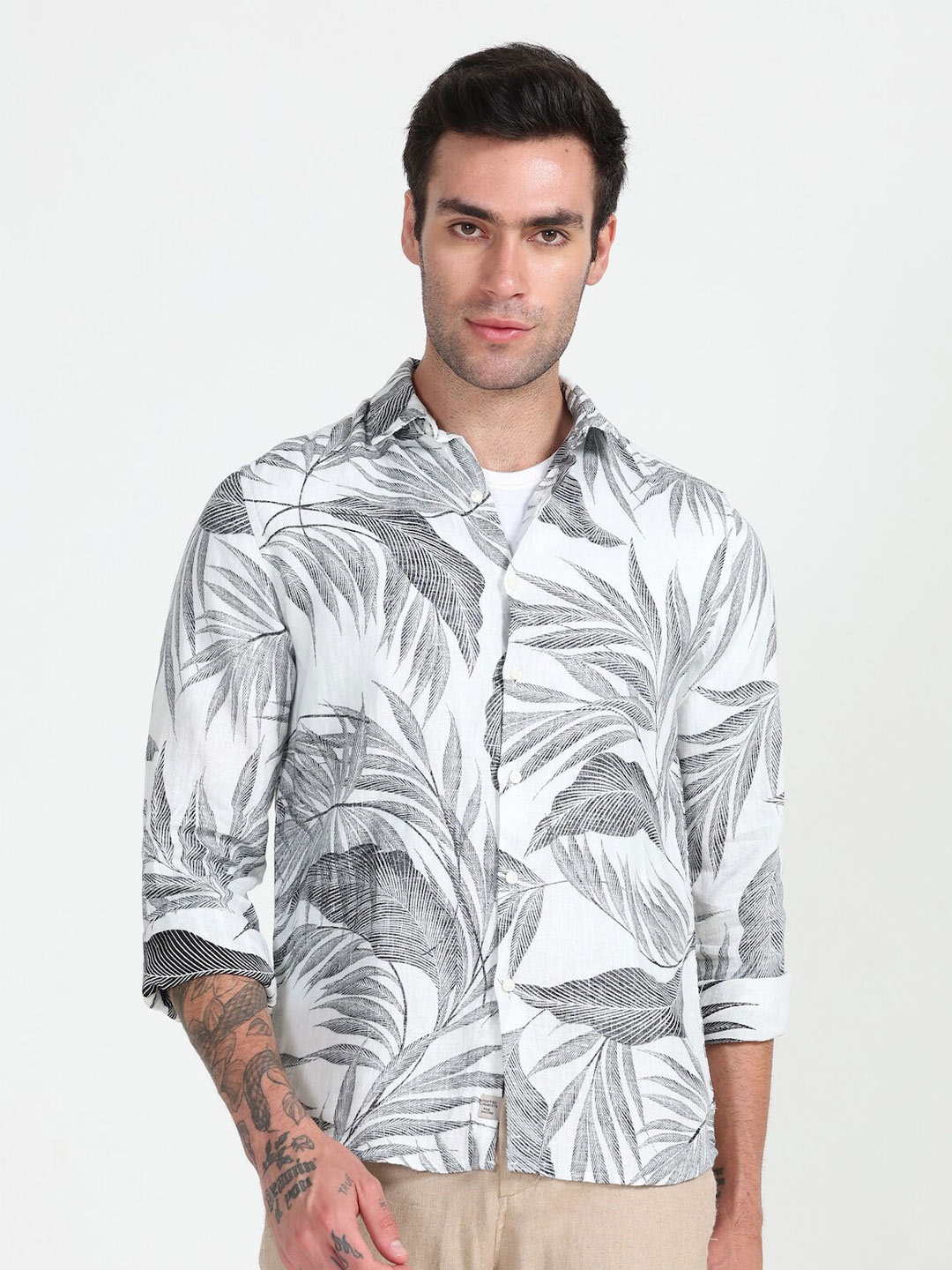 

POE Smart Slim Fit Tropical Printed Spread Collar Linen Casual Shirt, White