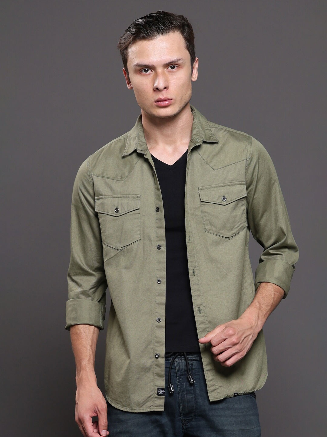 

POE Smart Slim Fit Spread Collar Pure Cotton Casual Shirt, Green