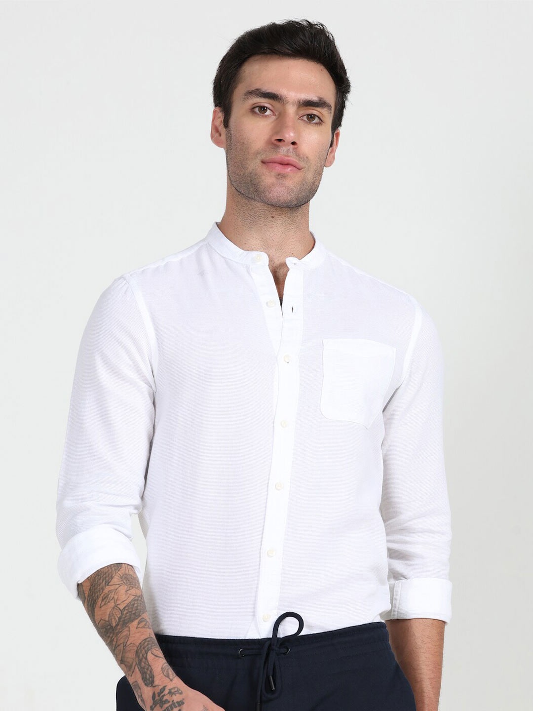 

POE Men White Smart Slim Fit Band Collar Long Sleeve Pocket Cotton Casual Shirt