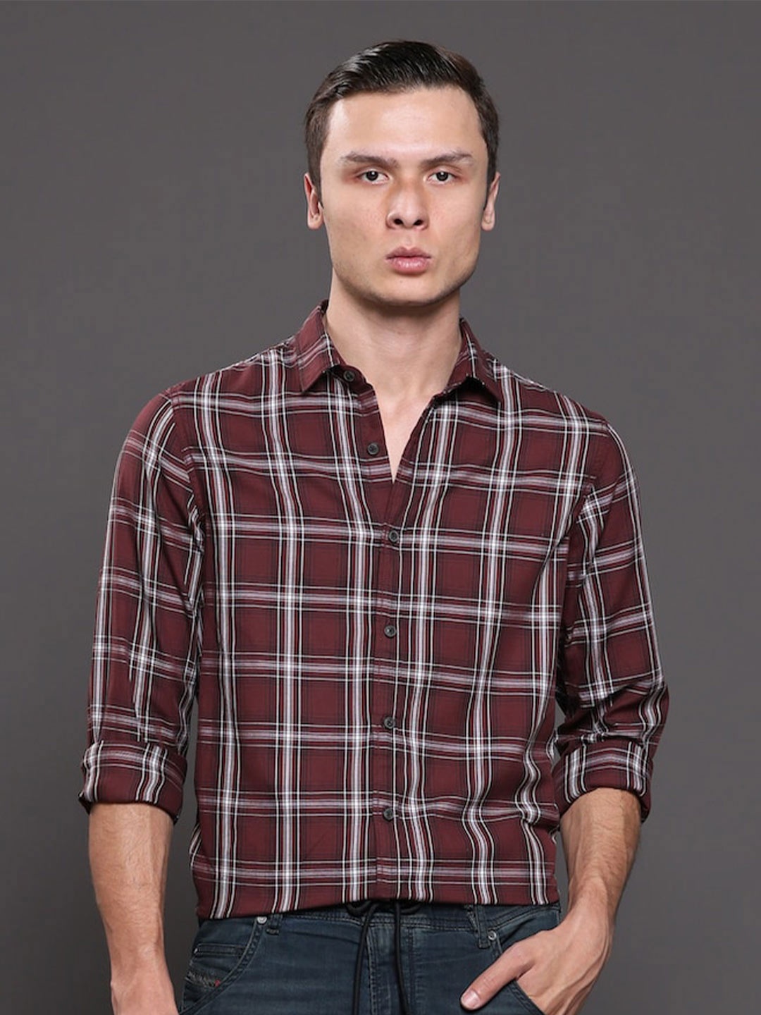 

POE Smart Slim Fit Tartan Checked Pure Cotton Casual Shirt, Brown