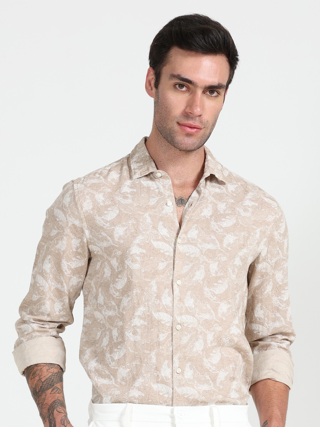 

POE Smart Slim Fit Floral Printed Spread Collar Cotton Linen Casual Shirt, Khaki