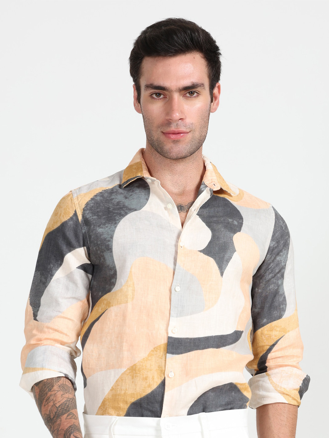 

POE Smart Slim Fit Absatrct Opaque Printed Linen Casual Shirt, Grey