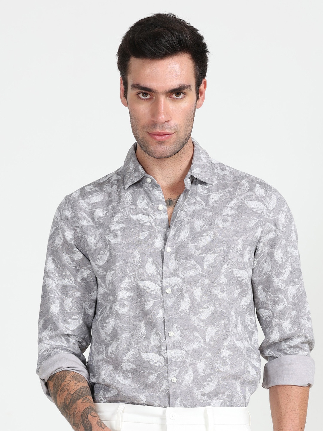 

POE Smart Slim Fit Absatrct Opaque Printed Cotton Linen Casual Shirt, Grey