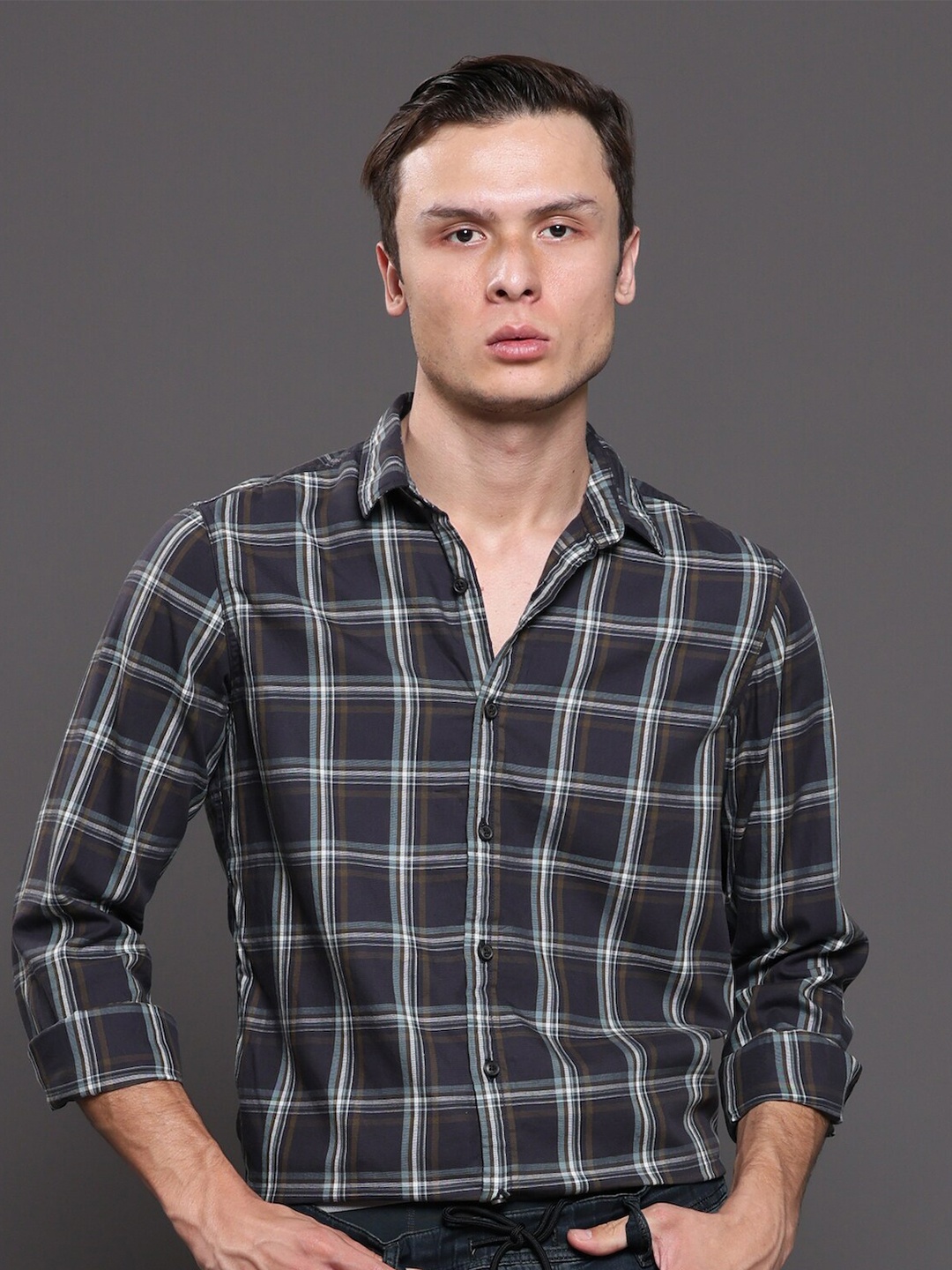 

POE Smart Slim Fit Tartan Checks Spread Collar Cotton Casual Shirt, Blue