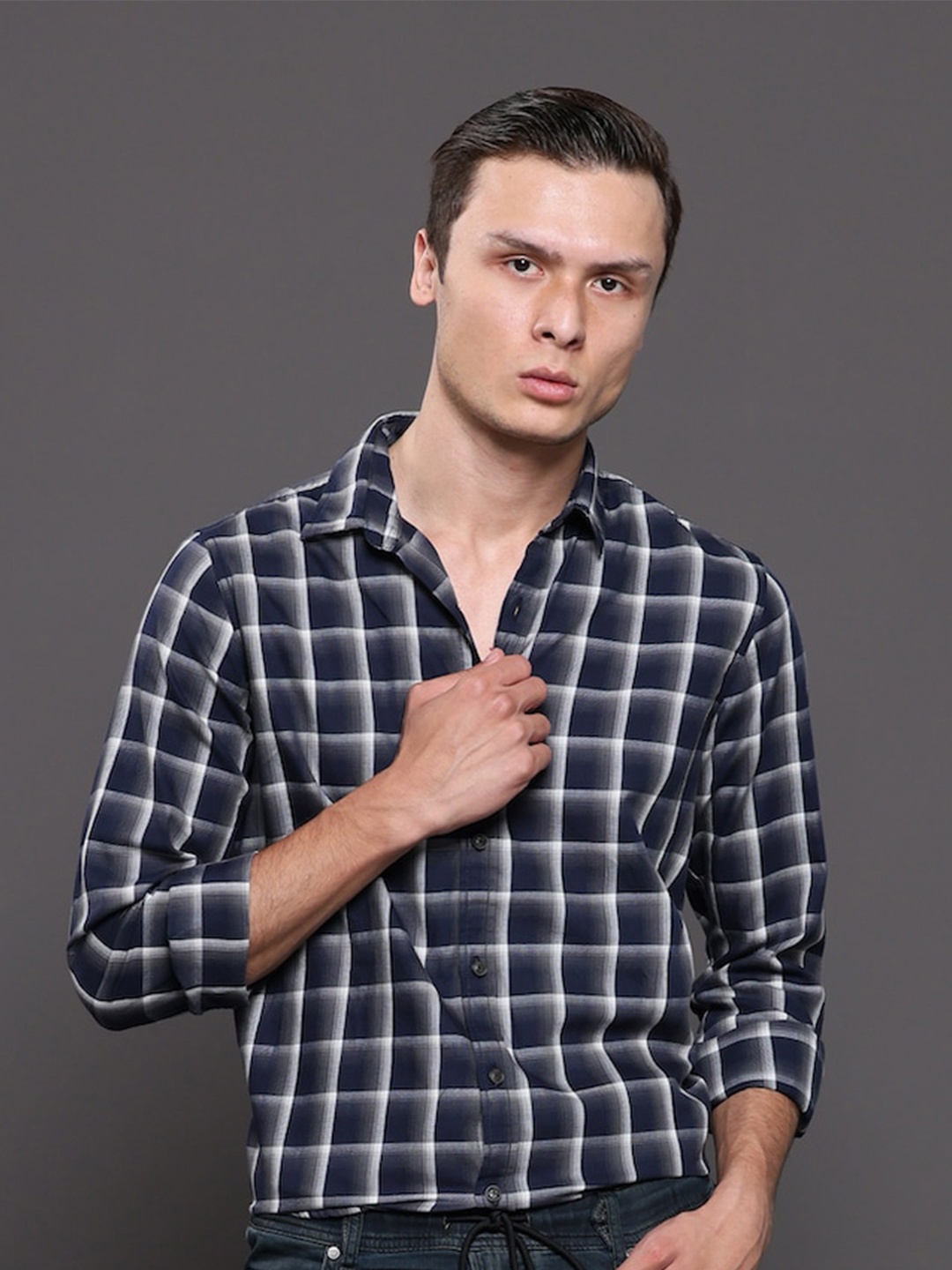 

POE Smart Slim Fit Tartan Checks Cotton Casual Shirt, Navy blue