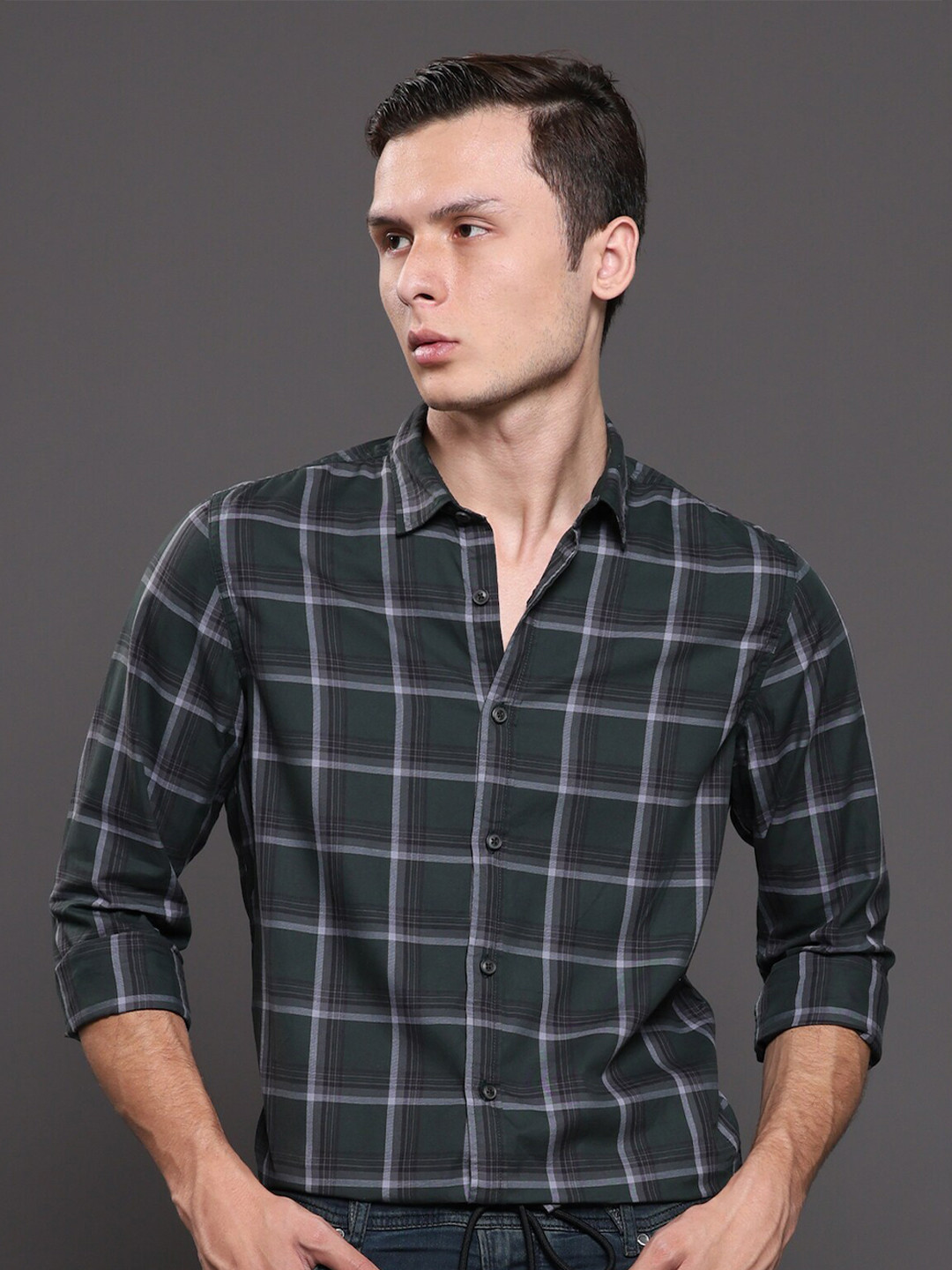 

POE Smart Slim Fit Windowpane Checks Cotton Casual Shirt, Green