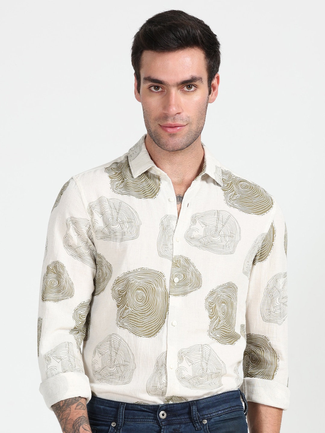 

POE Smart Slim Fit Opaque Abstract Printed Cotton Linen Casual Shirt, White