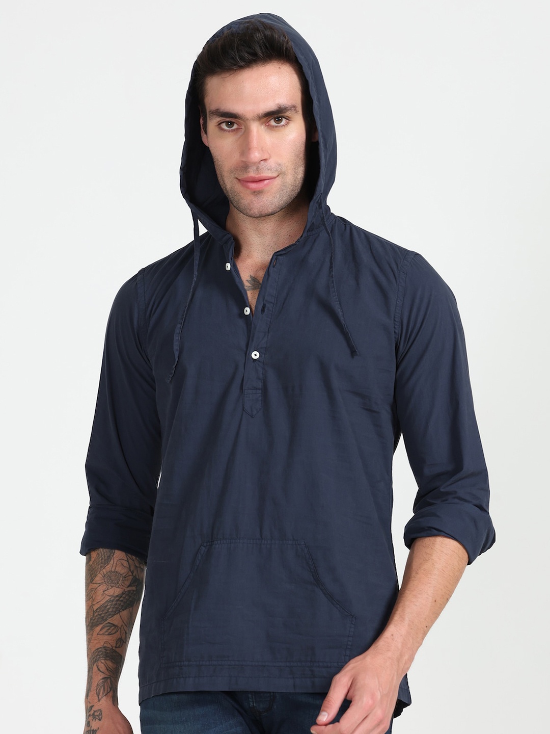 

POE Smart Slim Fit Hooded Cotton Casual Shirt, Navy blue