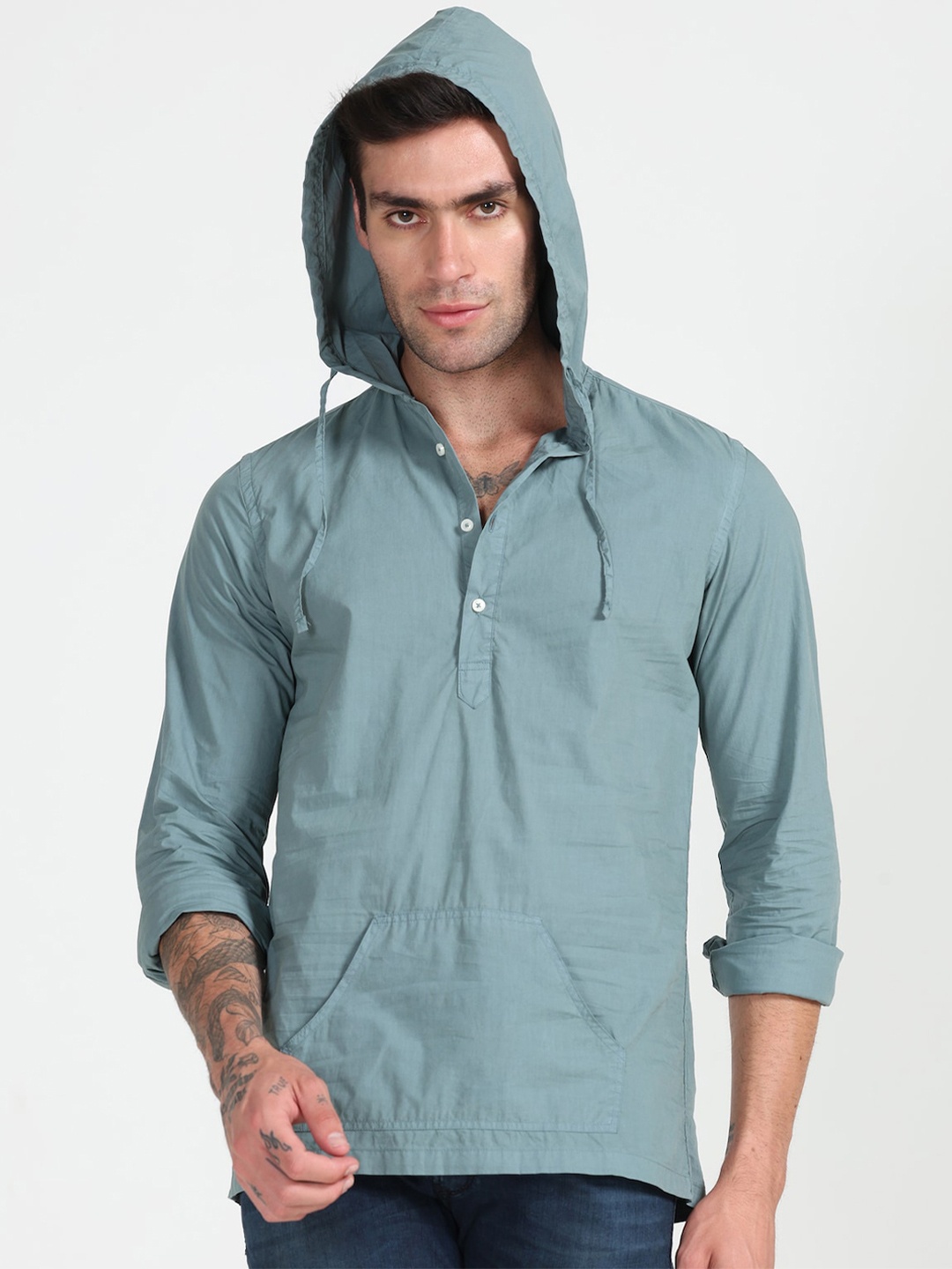 

POE Smart Slim Fit Opaque Hooded Pure Cotton Casual Shirt, Green