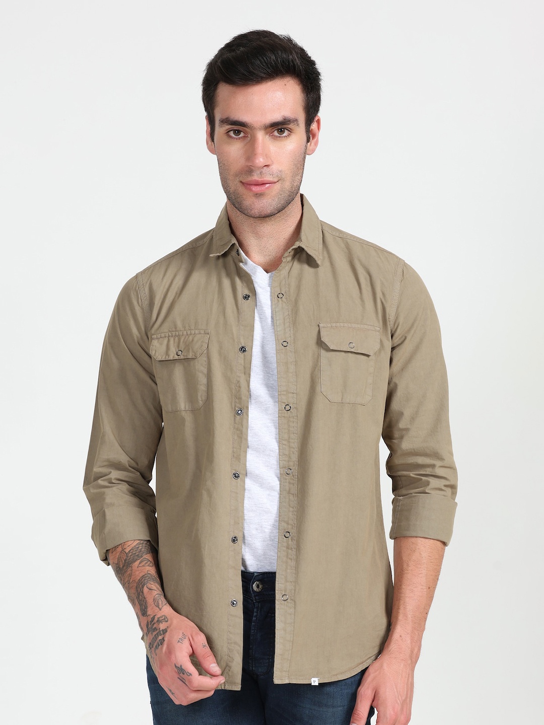 

POE Smart Slim Fit Spread Collar Long Sleeves Cotton Casual Shirt, Olive