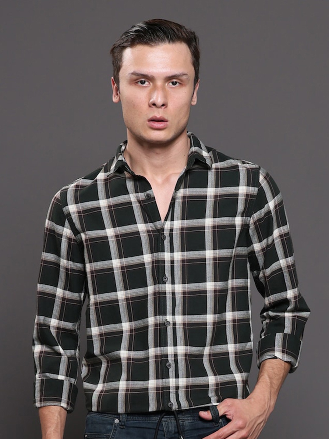 

POE Smart Slim Fit Windowpane Checked Pure Cotton Casual Shirt, Green