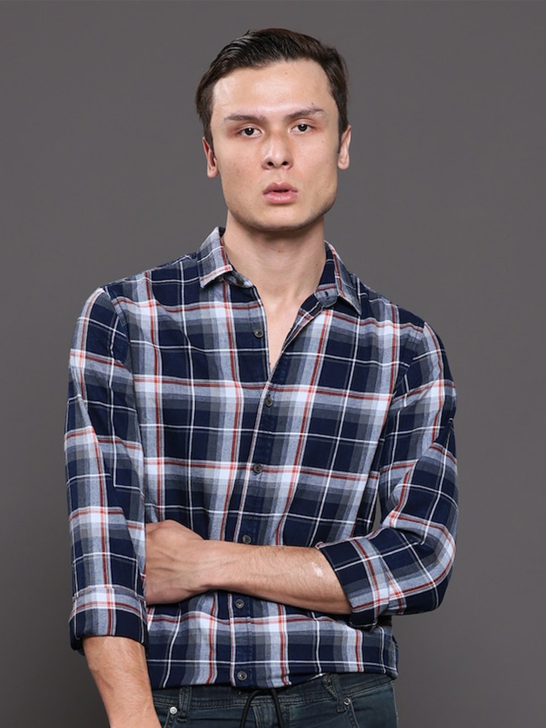 

POE Smart Slim Fit Checks Opaque Checked Pure Cotton Casual Shirt, Blue