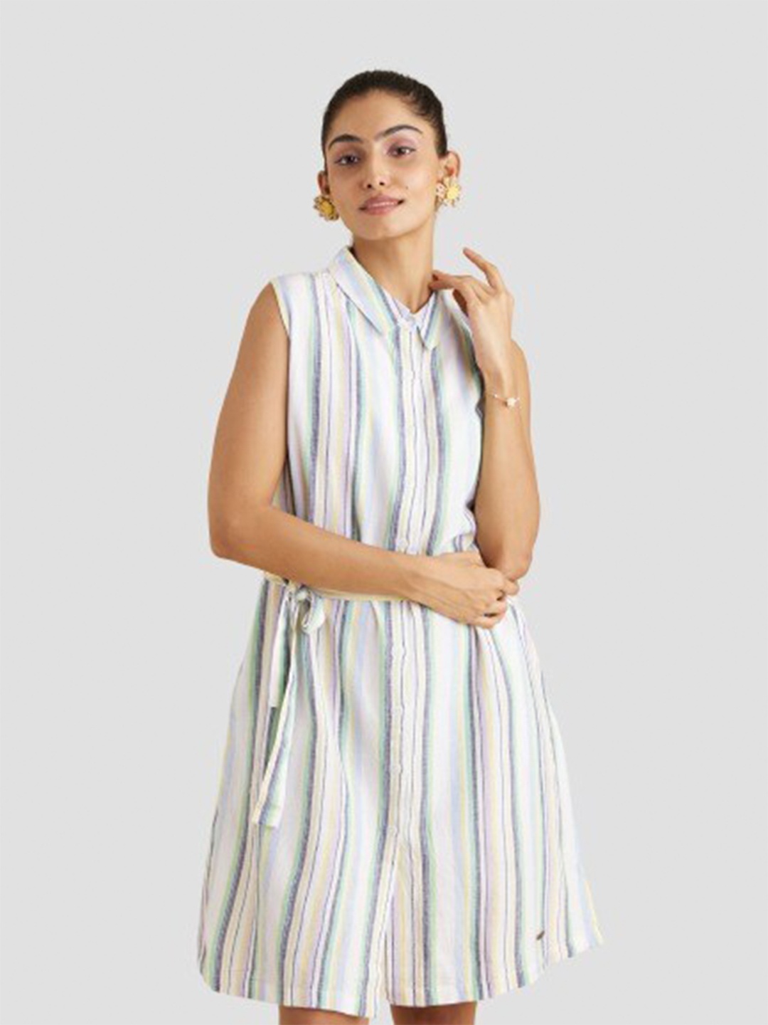 

harbour 9 Striped Shirt Collar Sleeveless Cotton Shirt Style Dress, White