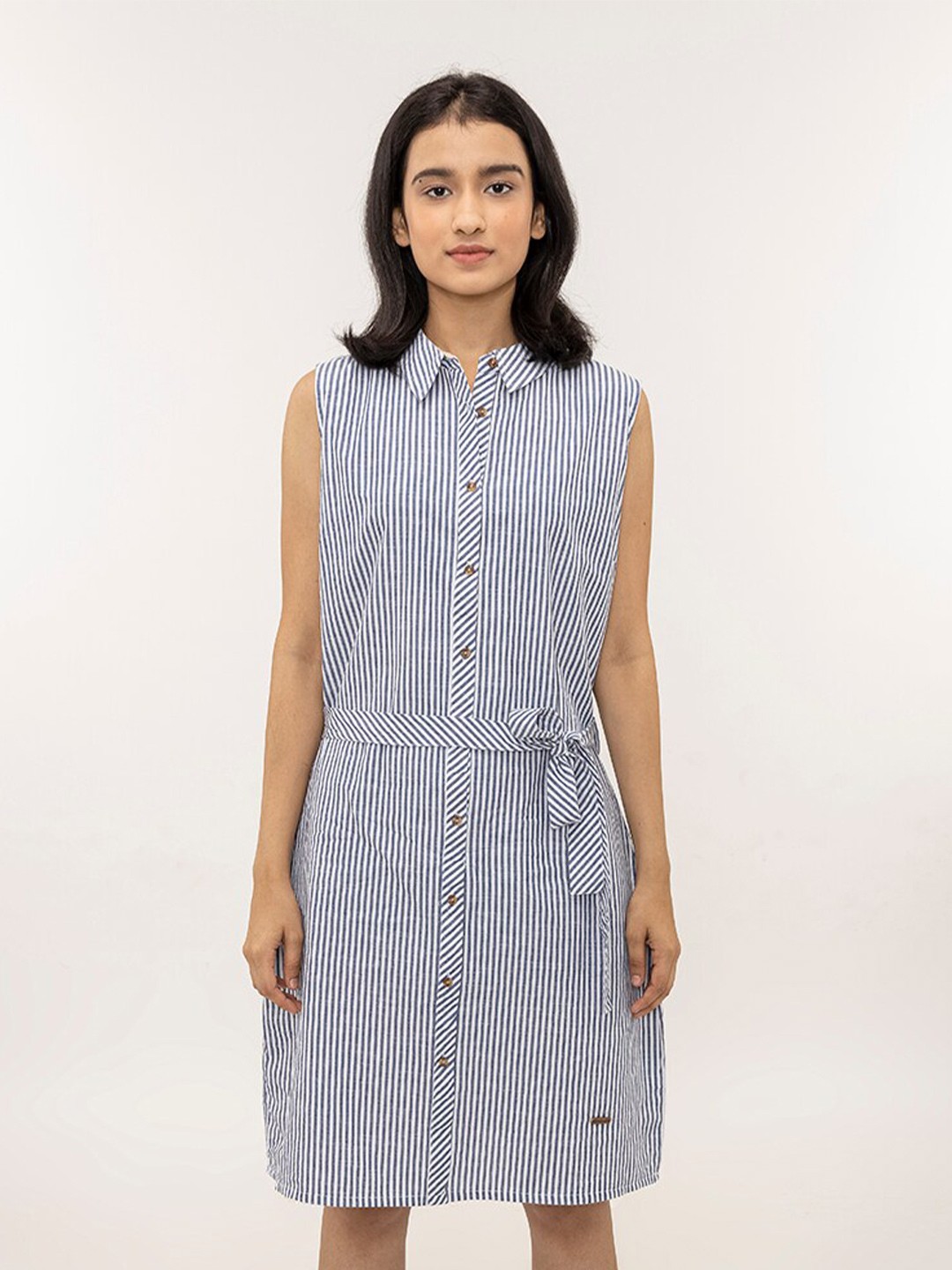 

harbour 9 Striped Belt Detailed Shirt Collar Sleeveless Shirt Style Dress, Blue