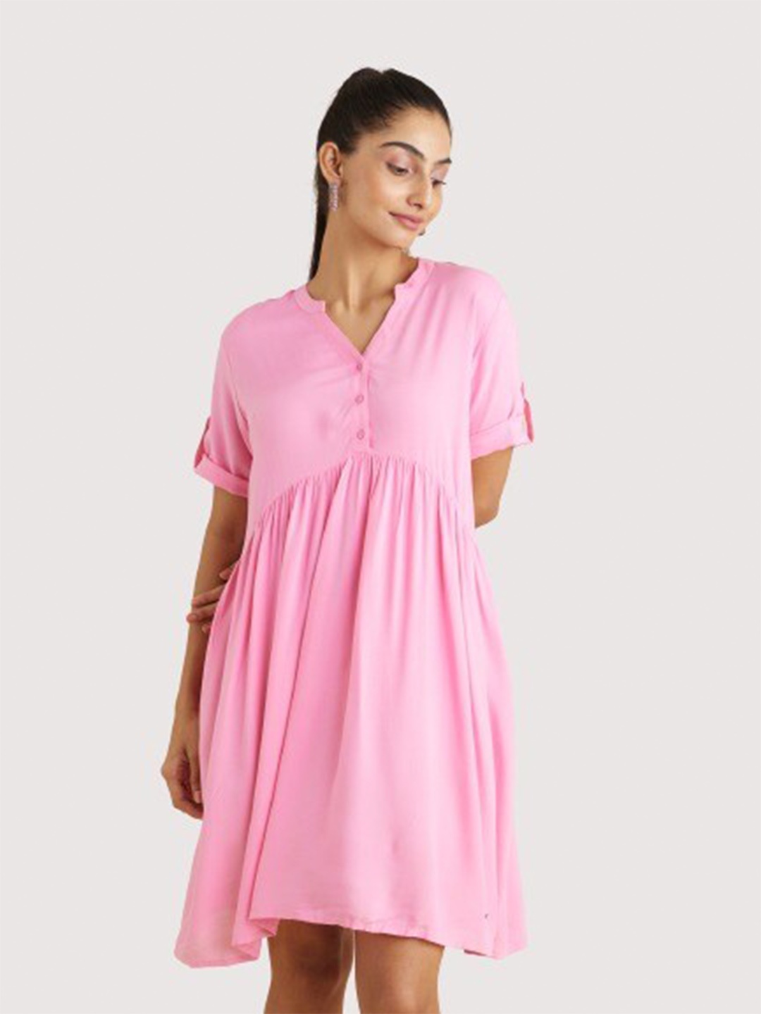 

harbour 9 Mandarin Collar Cuffed Sleeves Empire Dress, Pink