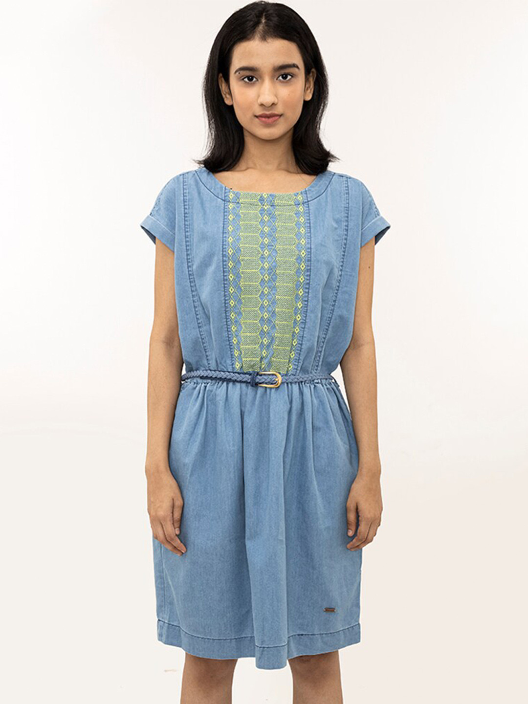 

harbour 9 Cap Sleeves Embroidered Detail A-Line Dress, Blue