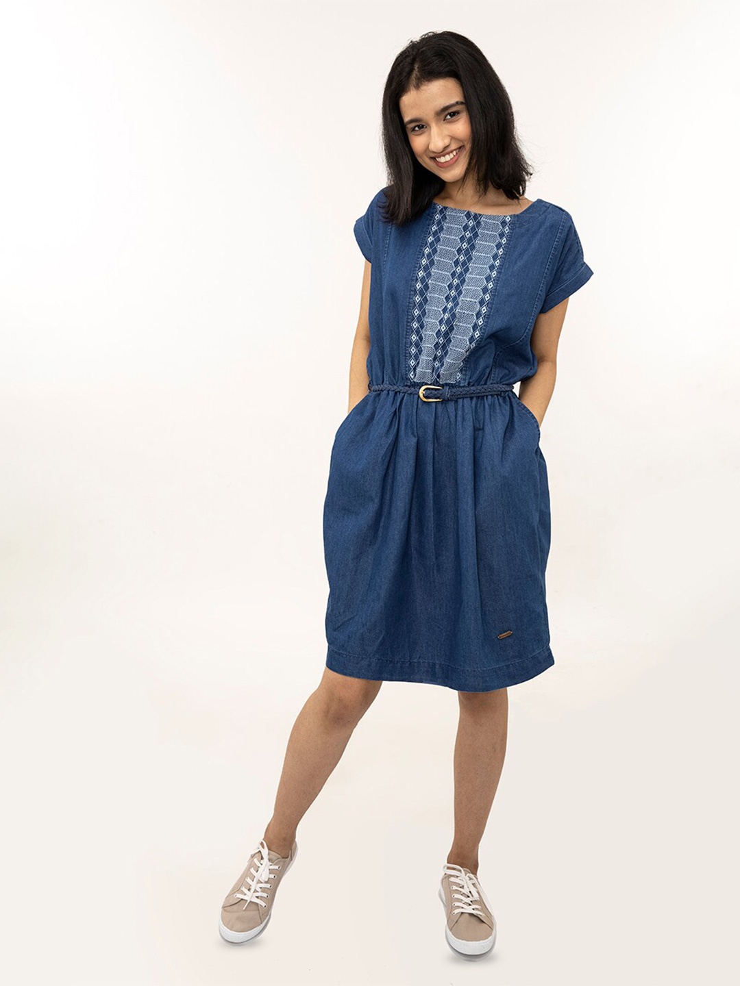 

harbour 9 Cap Sleeves Embroidered Detail A-Line Dress, Navy blue