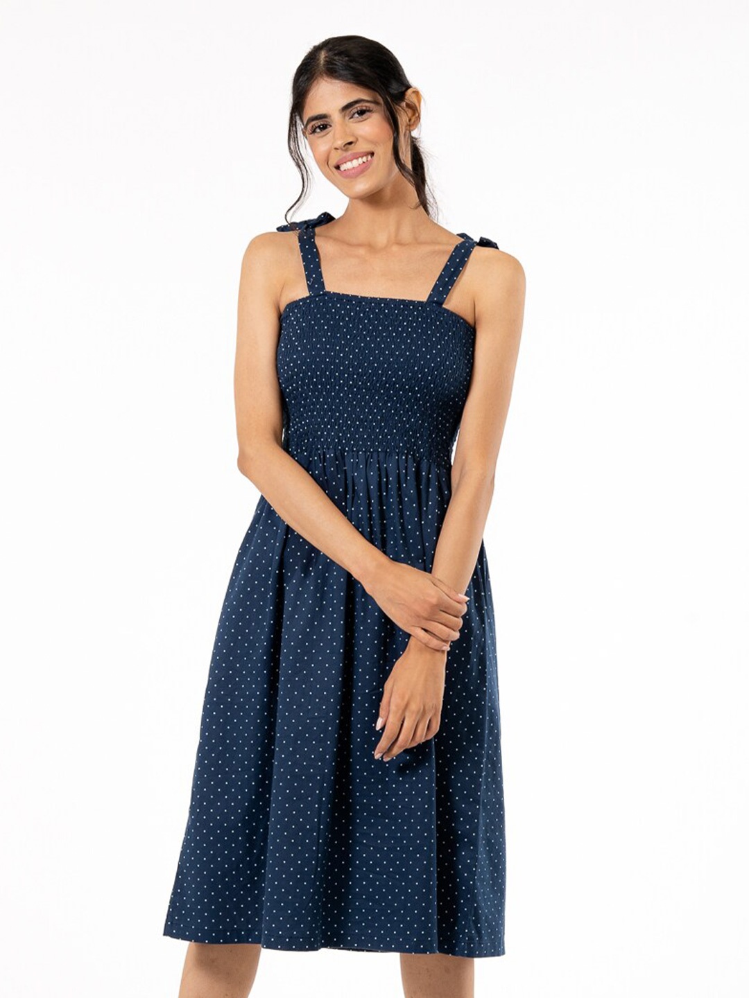 

harbour 9 Polka Dots Printed Shoulder Straps Fit & Flare Midi Dress, Navy blue