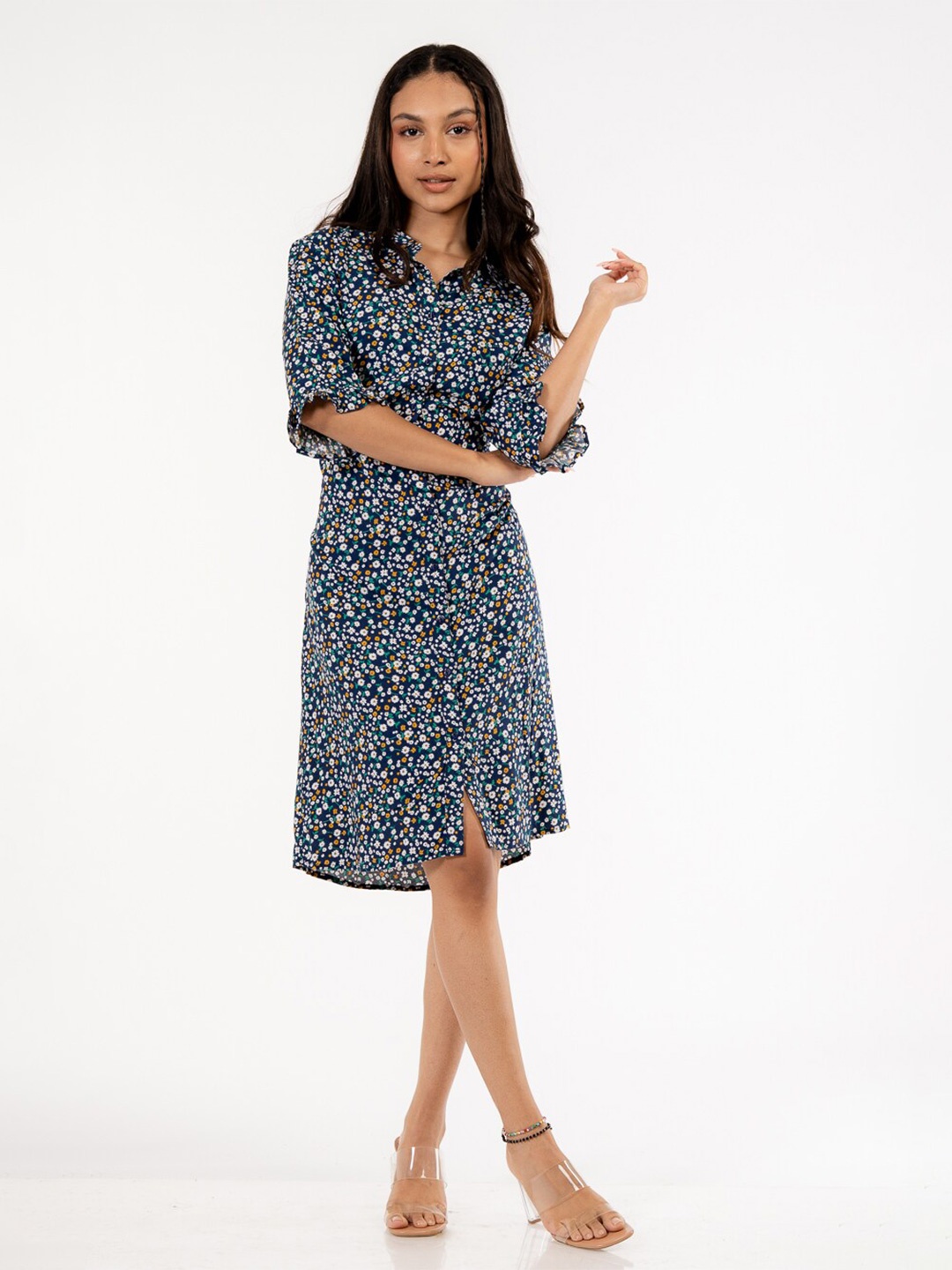 

harbour 9 Floral Printed Shirt Style Dress, Navy blue