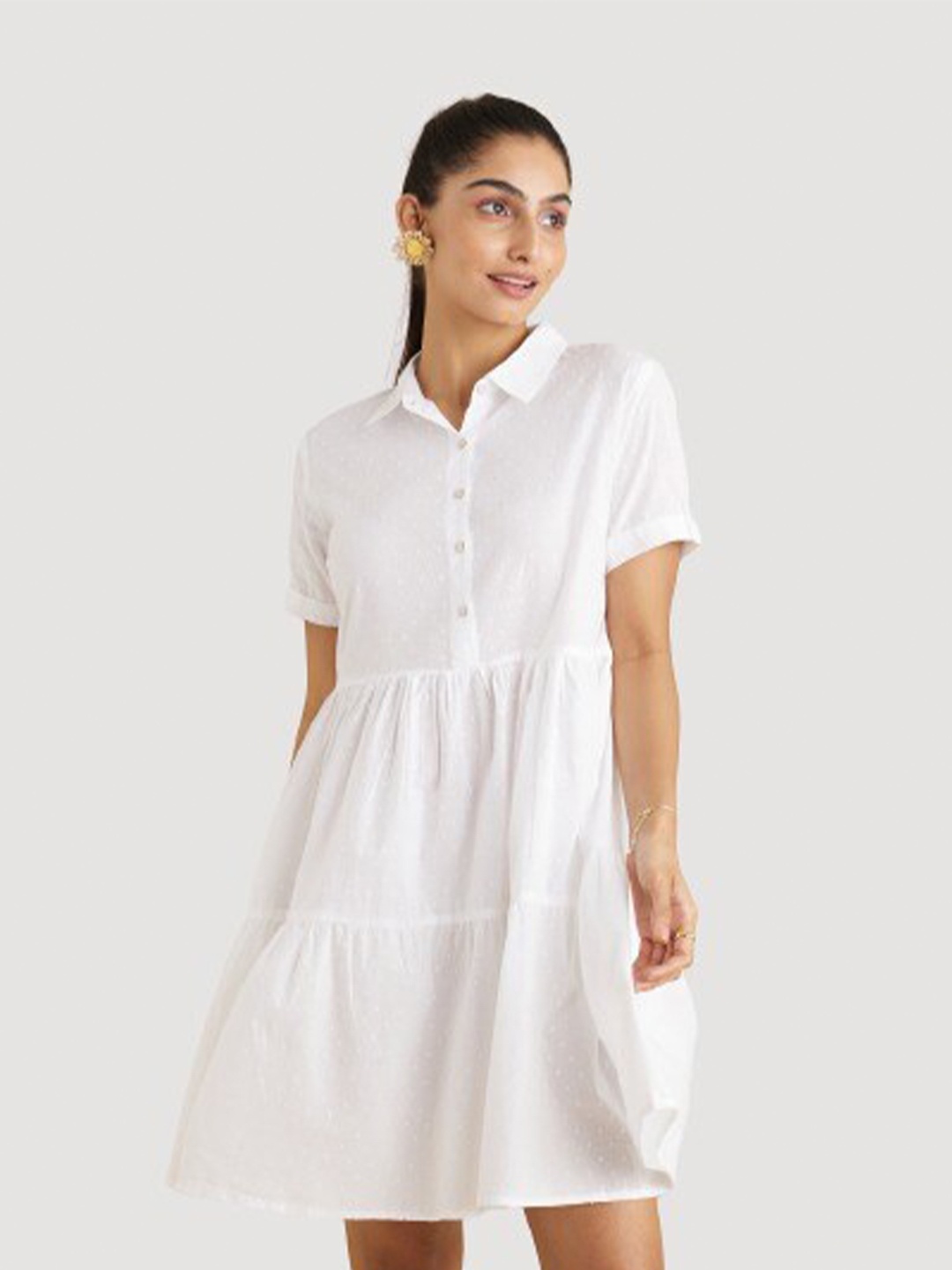 

harbour 9 Shirt Collar Tiered Cotton Fit And Flare Dress, White