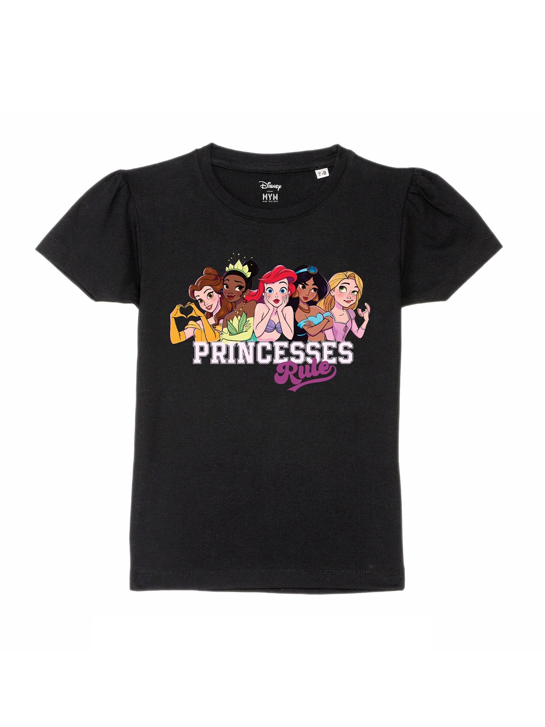 

Wear Your Mind Girls Disney Princess Printed Pure Cotton T-shirt, Black