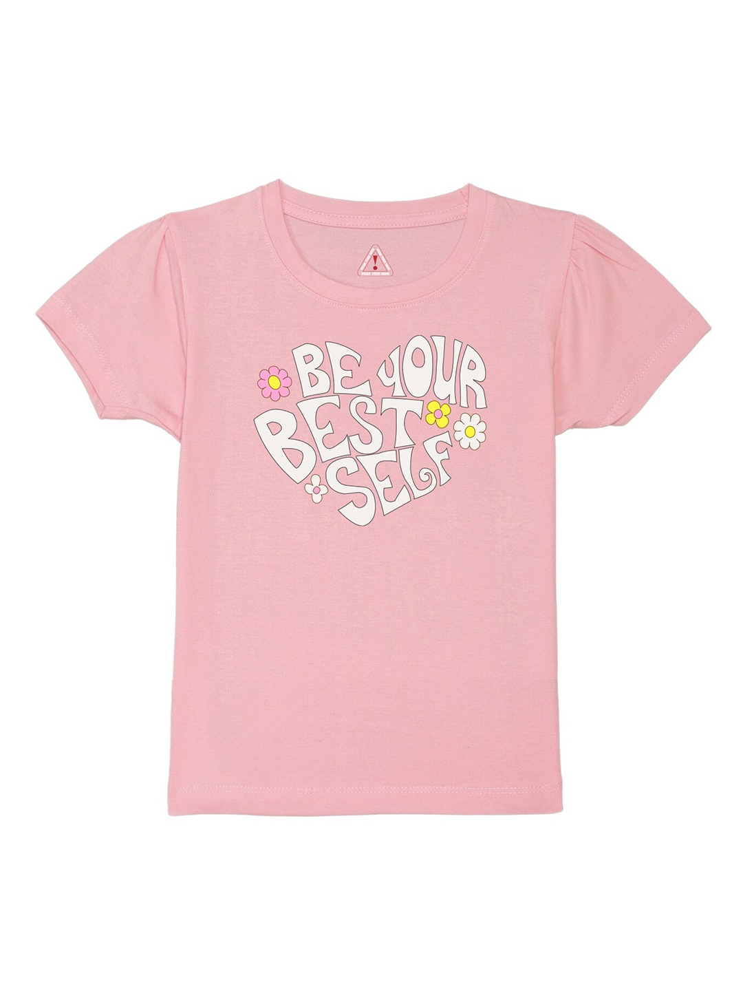 Wear Your Mind Girls Typography Printed Puff Sleeves Pure Cotton T-shirt, Pink