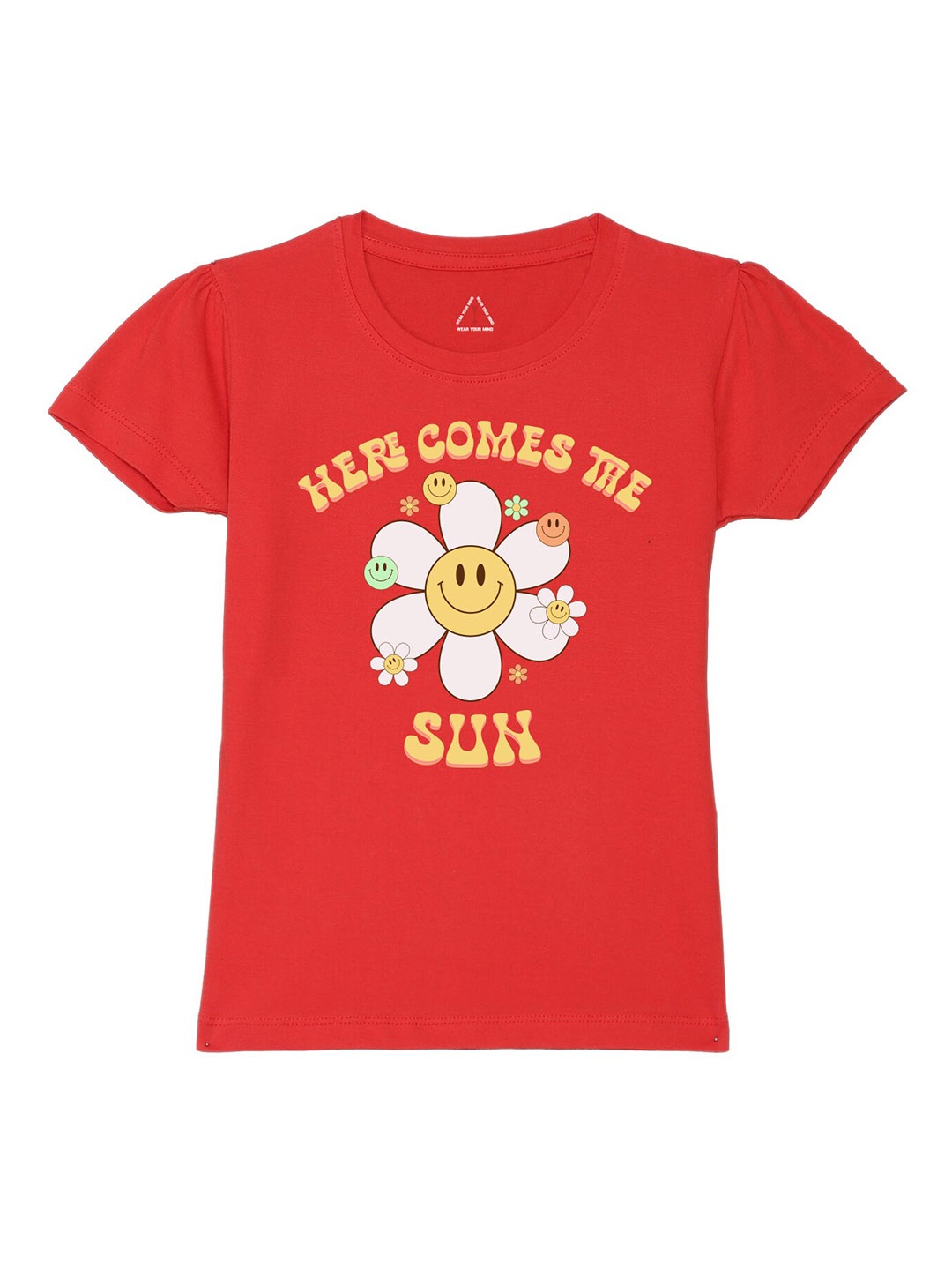 

Wear Your Mind Girls Floral Printed Puff Sleeves Pure Cotton T-shirt, Red