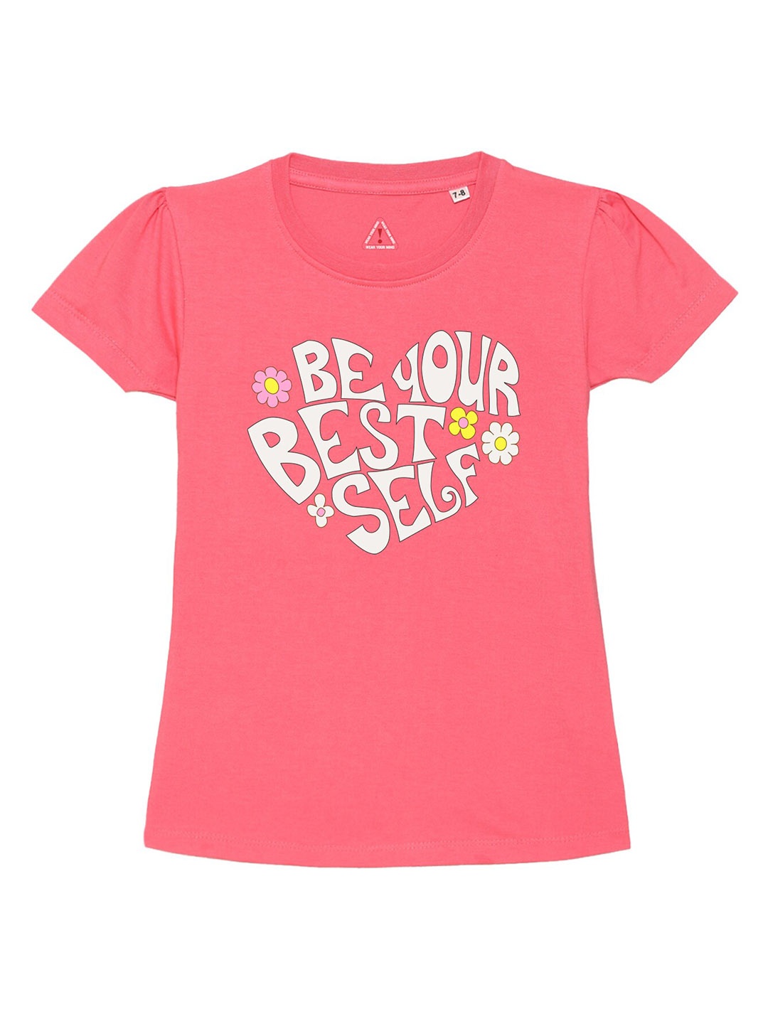 

Wear Your Mind Girls Typography Printed Puff Sleeves Pure Cotton T-shirt, Pink
