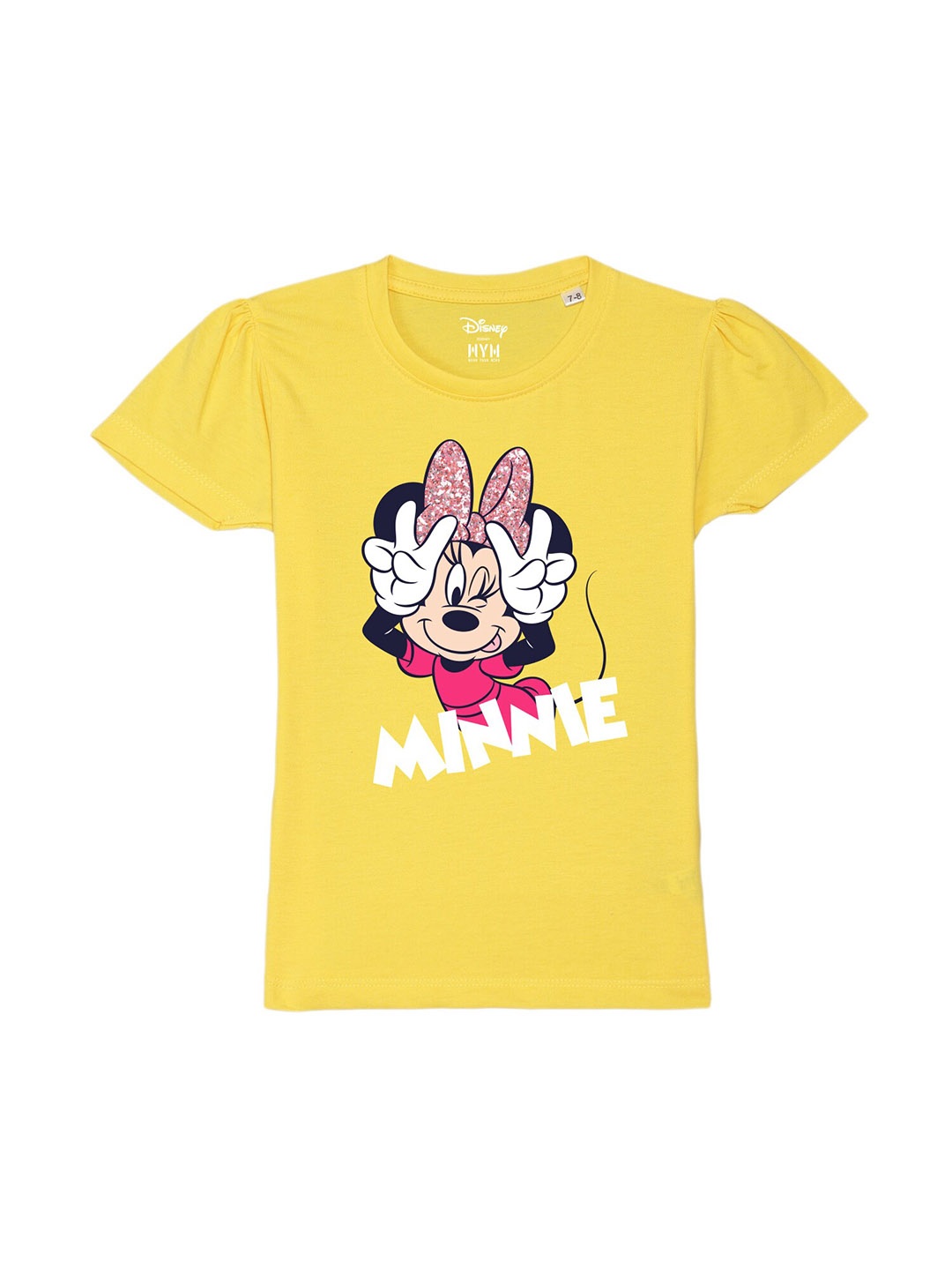 

Wear Your Mind Girls Minnie Mouse Printed Puff Sleeves Pure Cotton T-shirt, Yellow