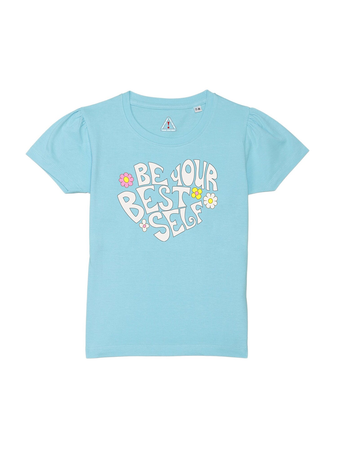 

Wear Your Mind Girls Typography Printed Puff Sleeves Pure Cotton T-shirt, Blue