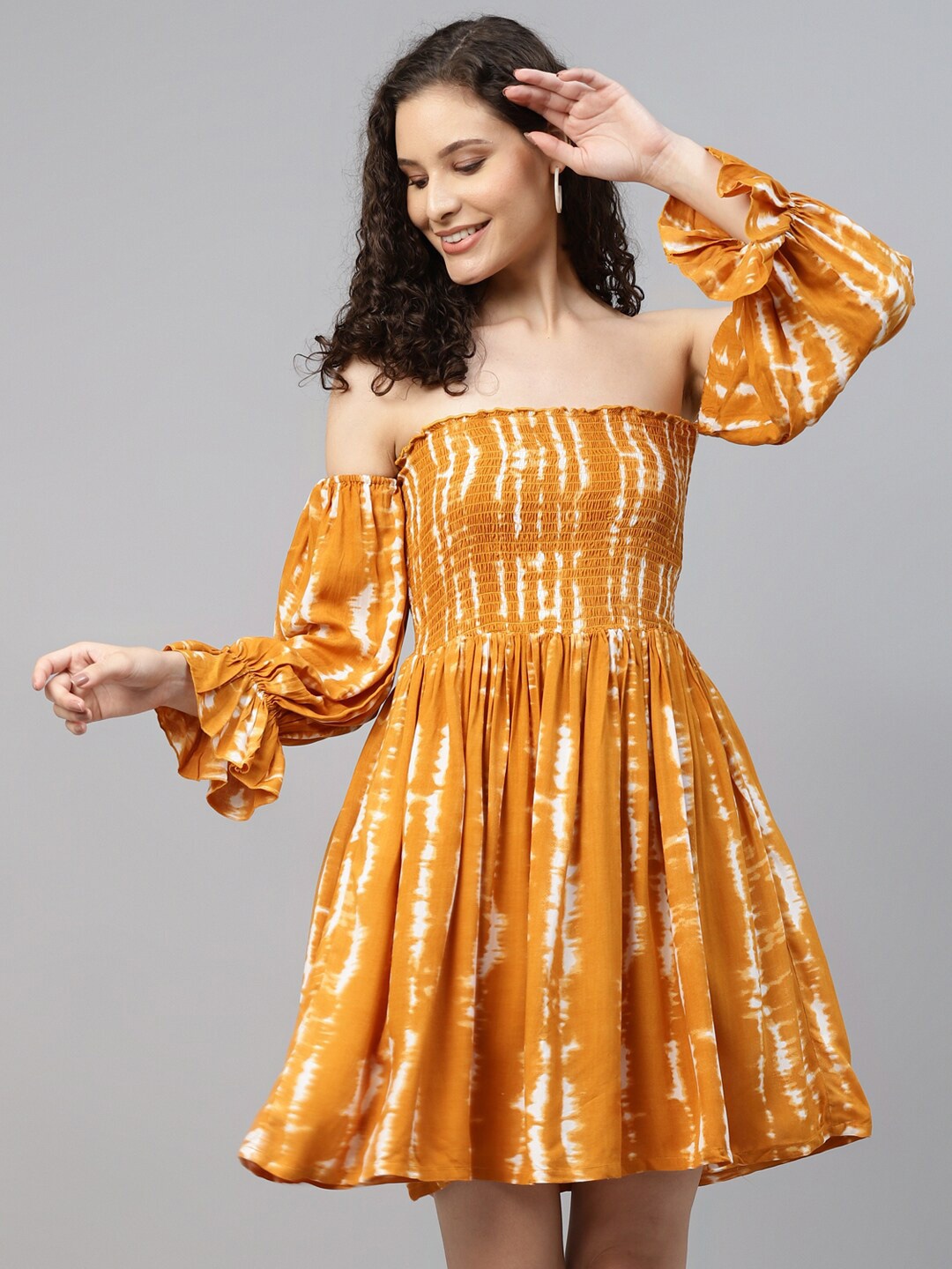 

DEEBACO Tie and Dye Printed Off-Shoulder Puff Sleeve A-Line Dress, Mustard