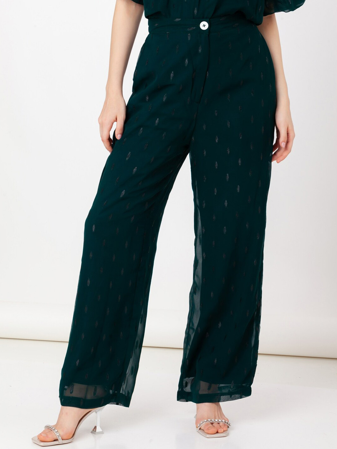 

Zink London Women Self Design High Rise Pleated Parallel Trousers, Green