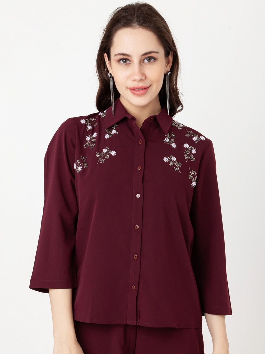 

Zink London Floral Embellished Shirt Style Top, Maroon