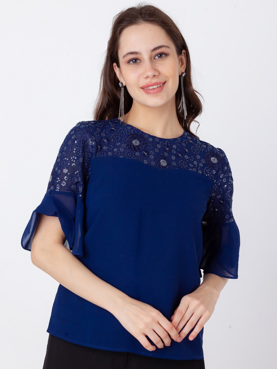 

Zink London Self Design Round Neck Top, Blue