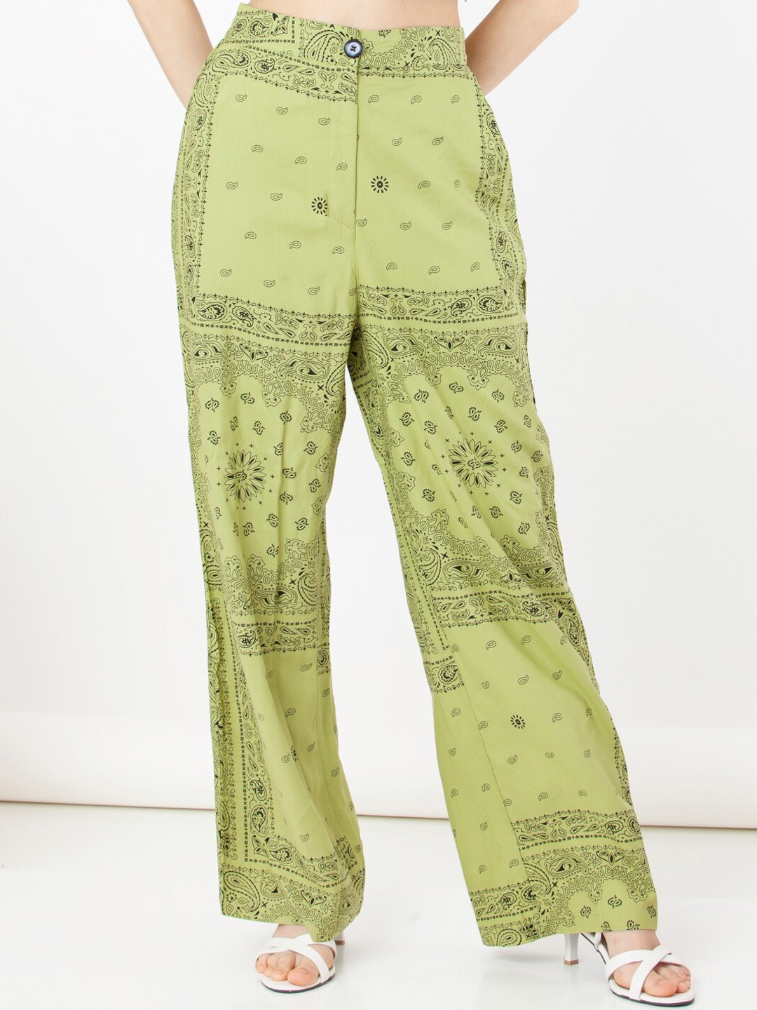 

Zink London Women Ethnic Motifs Printed High-Rise Parallel Trousers, Green