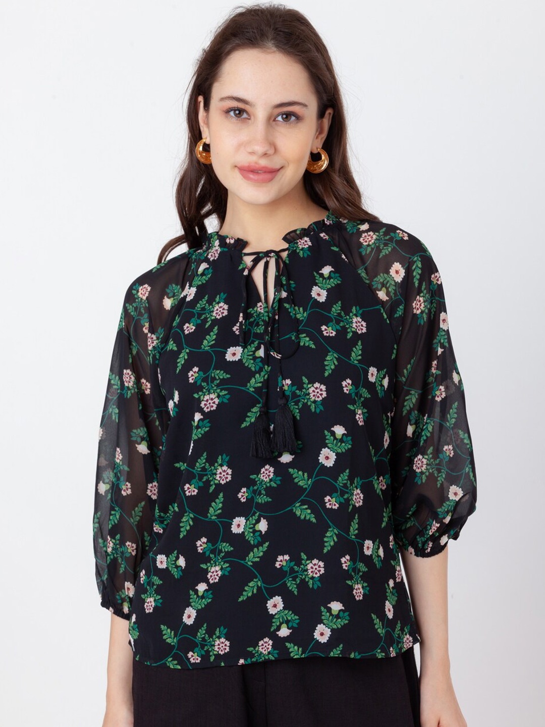 

Zink London Floral Printed Tie-Up Neck Top, Black