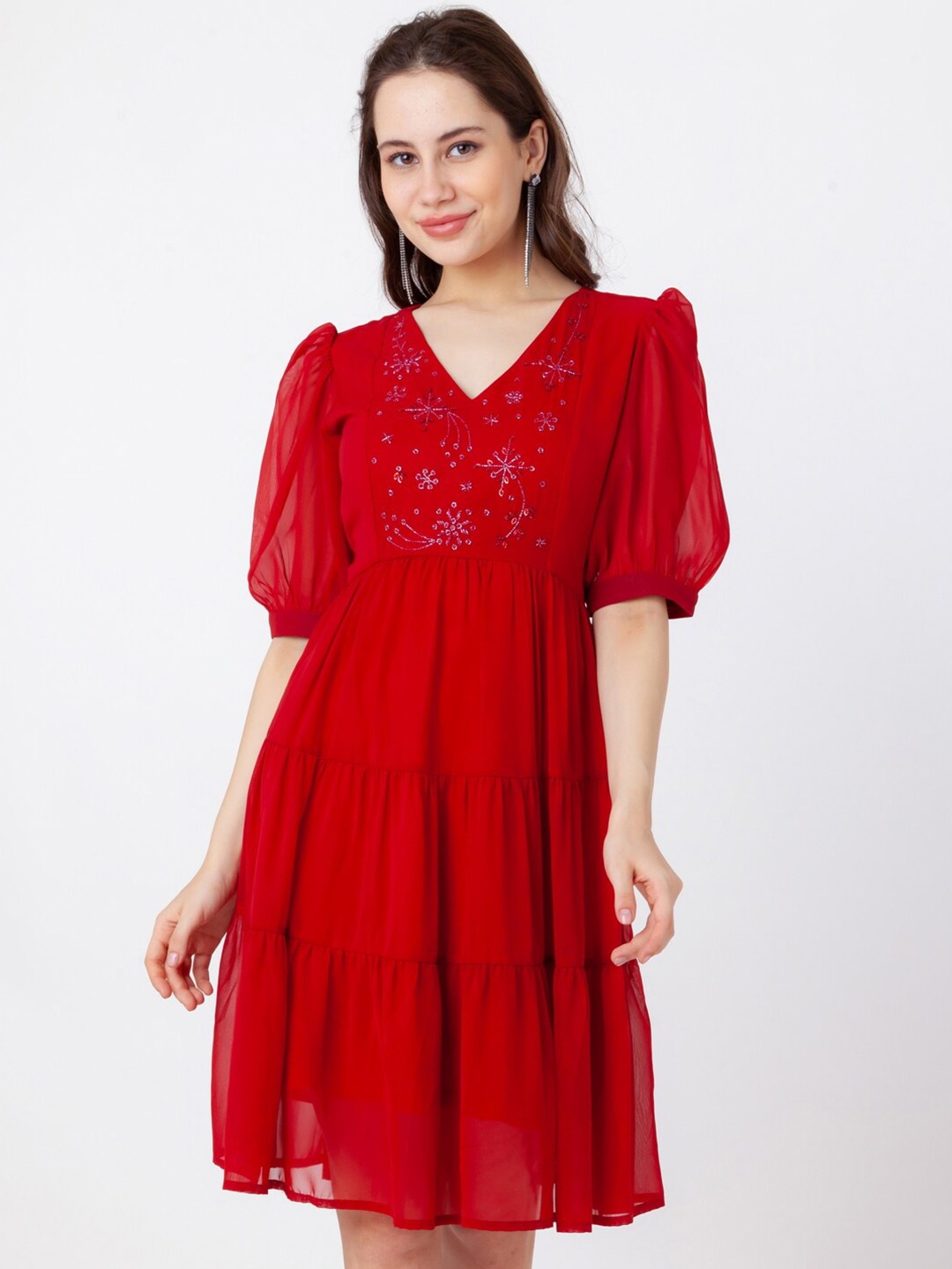 

Zink London Embellished Puff Sleeves Fit & Flare Dress, Red