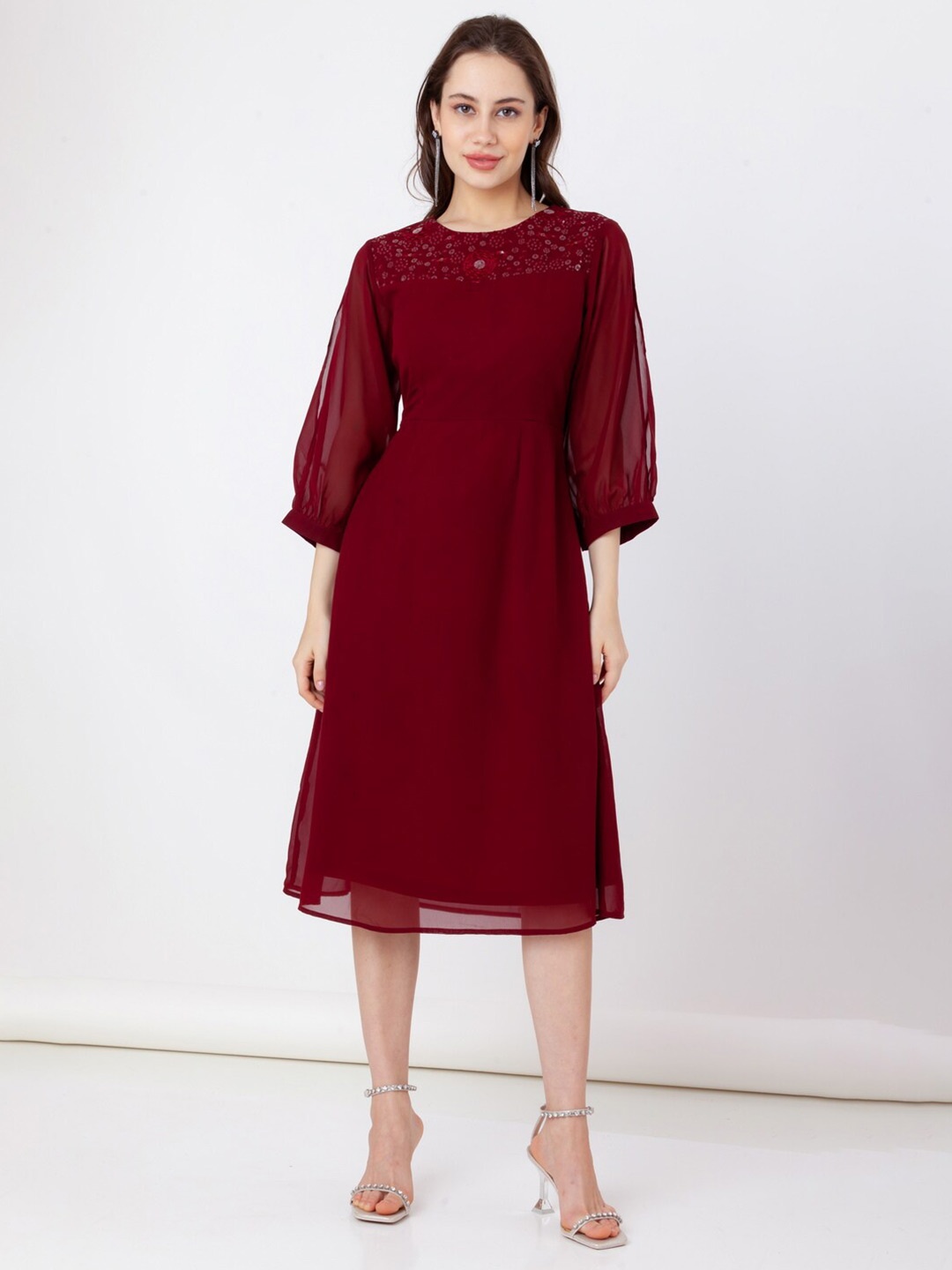 

Zink London Floral Embellished Sequinned A Line Dress, Maroon