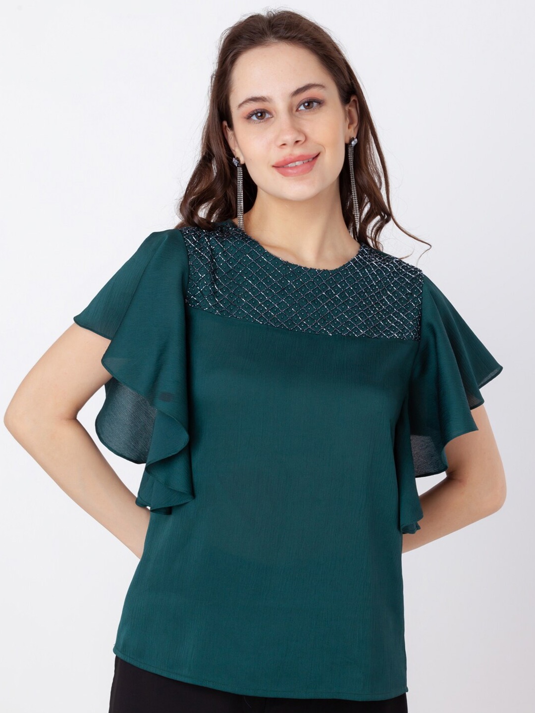 

Zink London Embellished Flutter Sleeves Top, Green