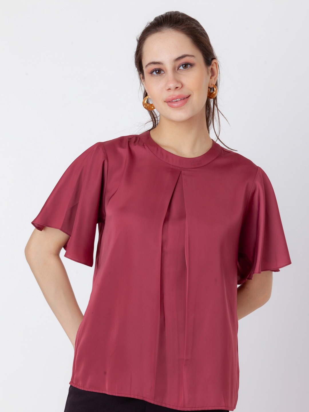 

Zink London Round Neck Flared Sleeve Casual Top, Maroon