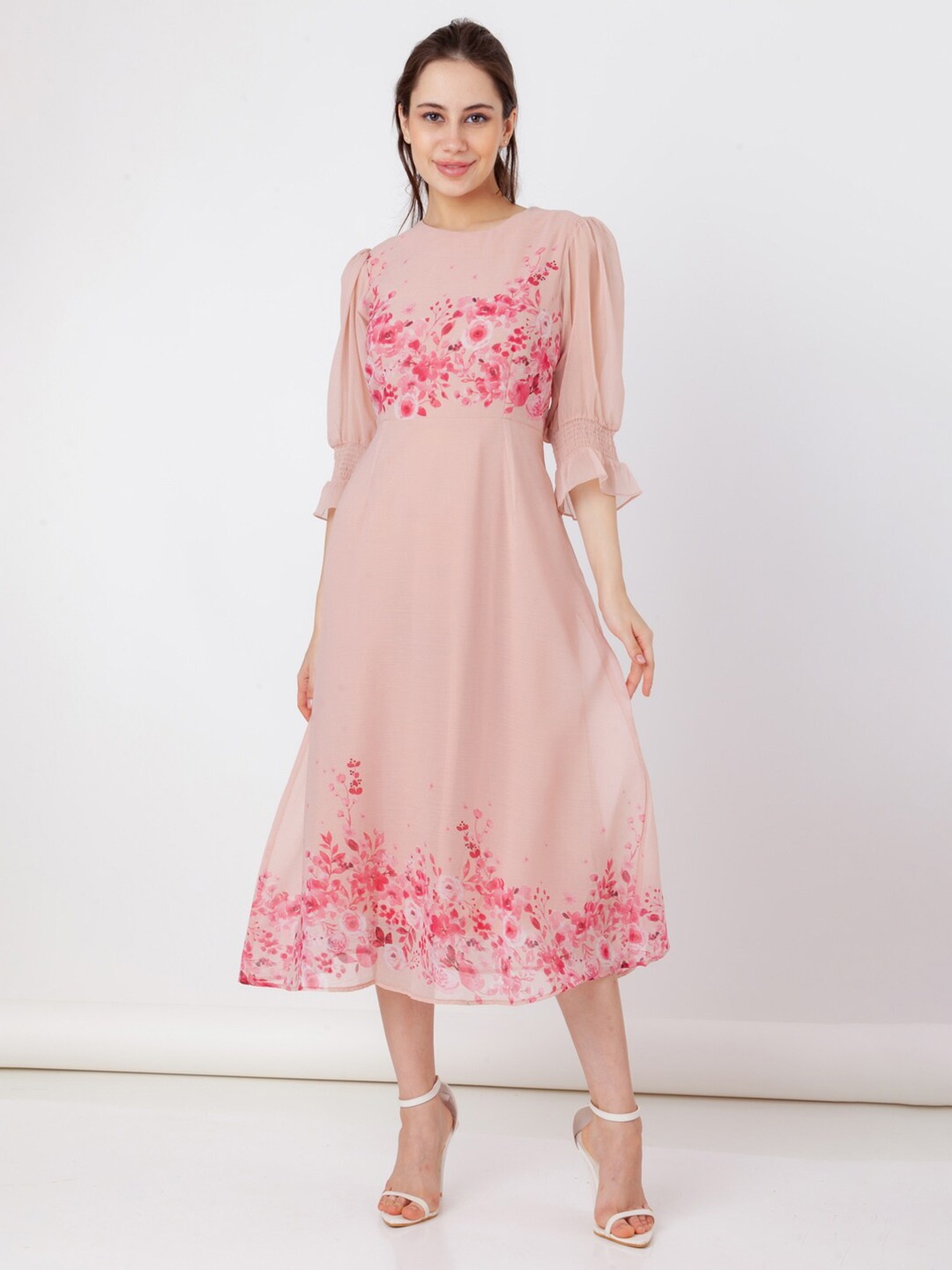 

Zink London Floral Printed Bell Sleeves A-Line Midi Dress, Pink