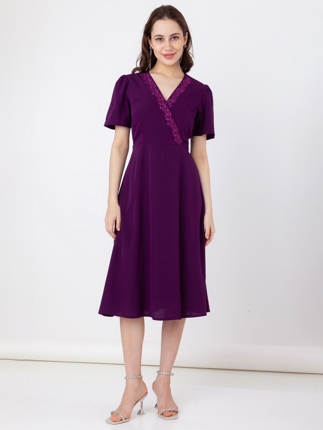 

Zink London Floral Embroidered V-Neck Fit and Flare Midi Dress, Purple